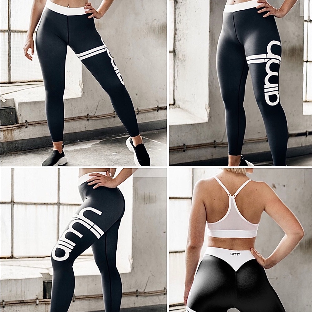 Aimn black white stripe mid rise logo leggings S